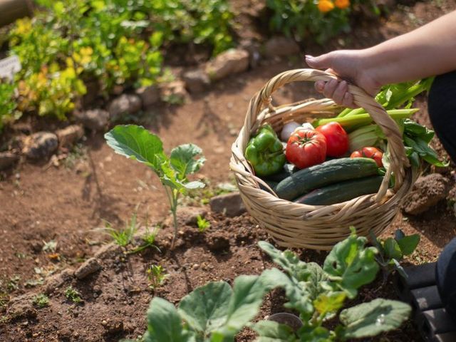 Gemüsebeet mit gefülltem Erntekorb