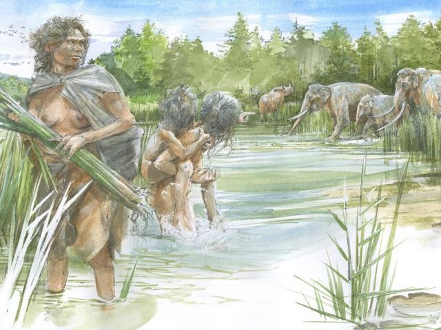 Watercolor of a family of Homo heidelbergensis by the water, in the background elephants.