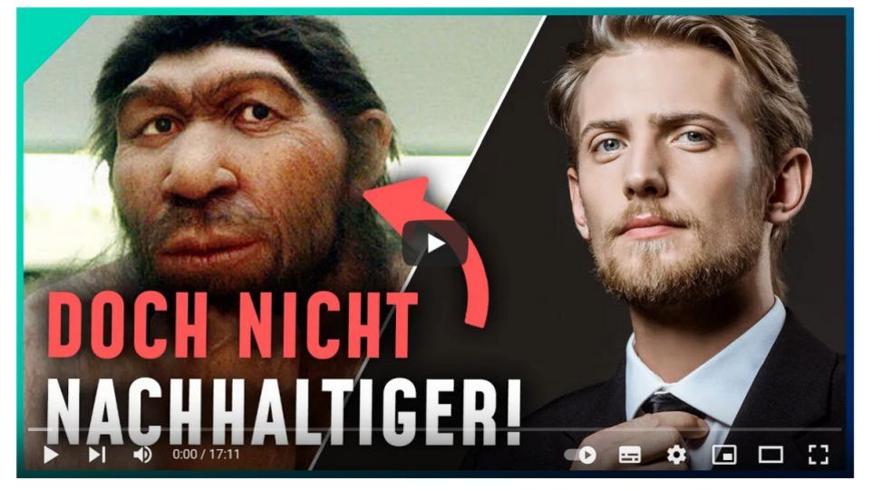 Startbild des Videos: Frühmensch und junger Mann nebeneinander, darunter die Schrift: "Doch nicht nachhaltiger", mit einem Pfeil auf den Frühmenschen
