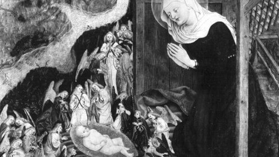 Ausschnitt aus dem Pollinger Marienaltar, Geburt Christi (dat. 1444) Gemäldeausschnitt: Maria und das Jesuskind, im Hintergrund u.a. Engel, Hirten, Josef