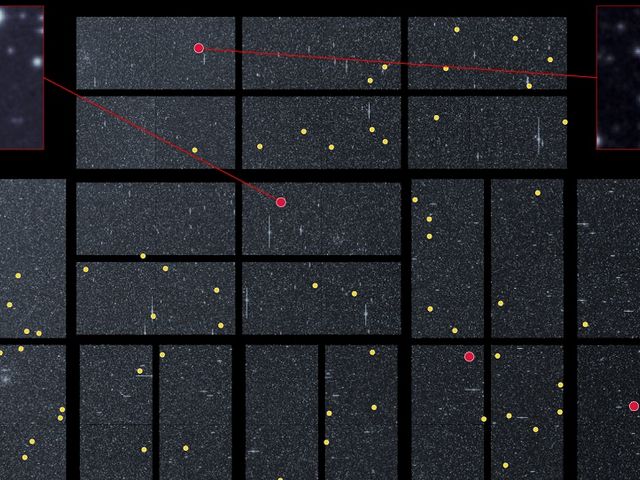 In this compilation of images taken with the Kepler telescope, the positions of some of the far double stars from the study are marked in yellow and red. Recording of stars