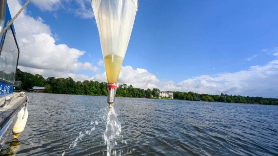 Wasserprobenahme am Berliner Müggelsee Wasserprobenentnahme auf einem See mit Probenbehälter zur Analyse der Wasserqualität bei sonnigem Wetter