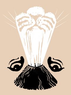 Illustration: Vulkanausbruch, der eine Tigerschnauze hervorbringt, seitlich Tigeraugen.