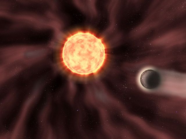 Artist’s illustration of a star-planet-system. The stellar wind around the star and the effect on the planet’s atmosphere is visible. Artist’s illustration of a star-planet-system