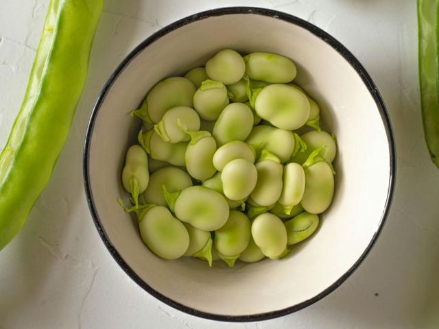 Geschälte Ackerbohnen in einer weißen Schüssel