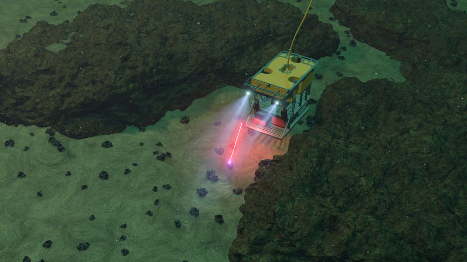 Illustration of a diving robot that uses laser-induced plasma spectroscopy to enable the environmentally friendly analysis of materials in the deep sea. Illustration of a diving robot