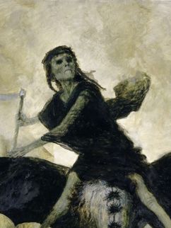 Gemälde mit dem Titel "Die Pest", das eine schwarze, bleiche, wütende Gestalt mit Sense zeigt. 
