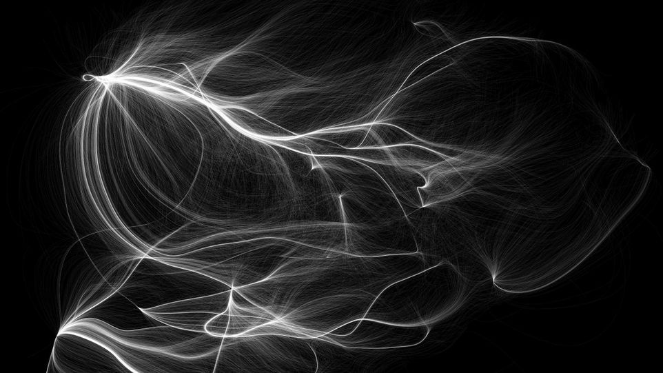 Geschwungene weiße Linien auf schwarzem Grund: Darstellung der Verteilung der Materie im lokalen Universum.