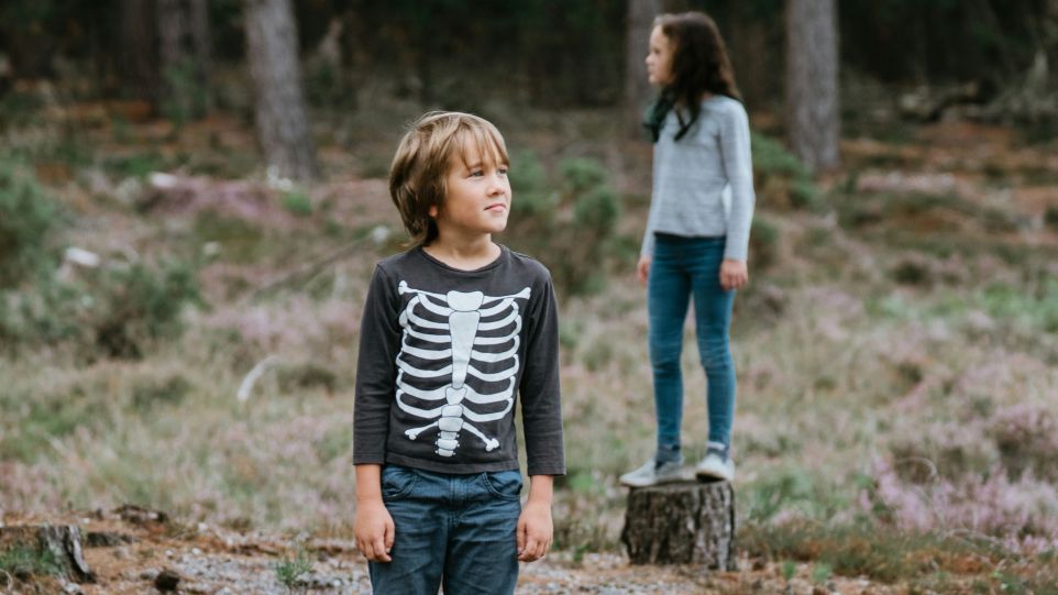Zwei Kinder auf Baumstümpfen im Wald