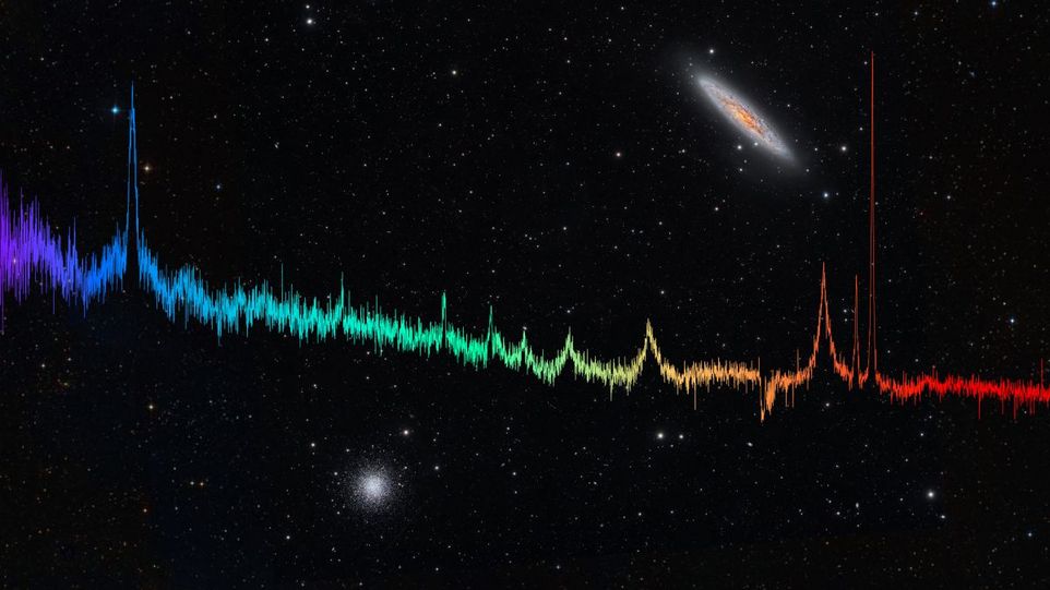 Sky region of the first observations with 4MOST with an example spectrum. Night sky with stars, overlaid with a colour spectrum