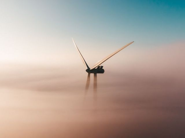 Windrad im Morgennebel