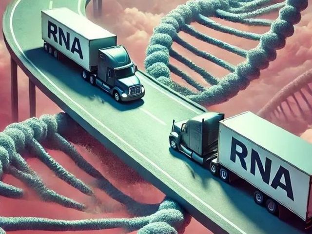 Grafik mit zwei Lastwagen, die sich auf einer Autobahn begegnen, jeweils mit der Aufschrift "RNA"