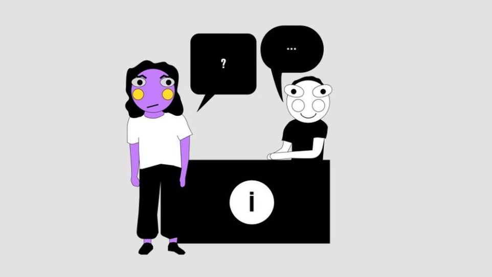 Animation einer Person an einem Infoschalter und zwei Sprechblasen