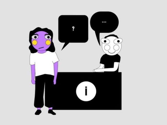 Animation einer Person an einem Infoschalter und zwei Sprechblasen