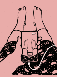 Illustration. Eine Person, deren Beine zu sehen sind, hält ein Smartphone in der Hand, dessen Kabel unter ihrem Bein verschwindet. Auf dem Smartphone sind auch ihre Beine zu sehen.