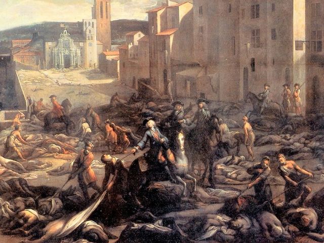 Gemälde mit Pesttoten vor Stadtmauer