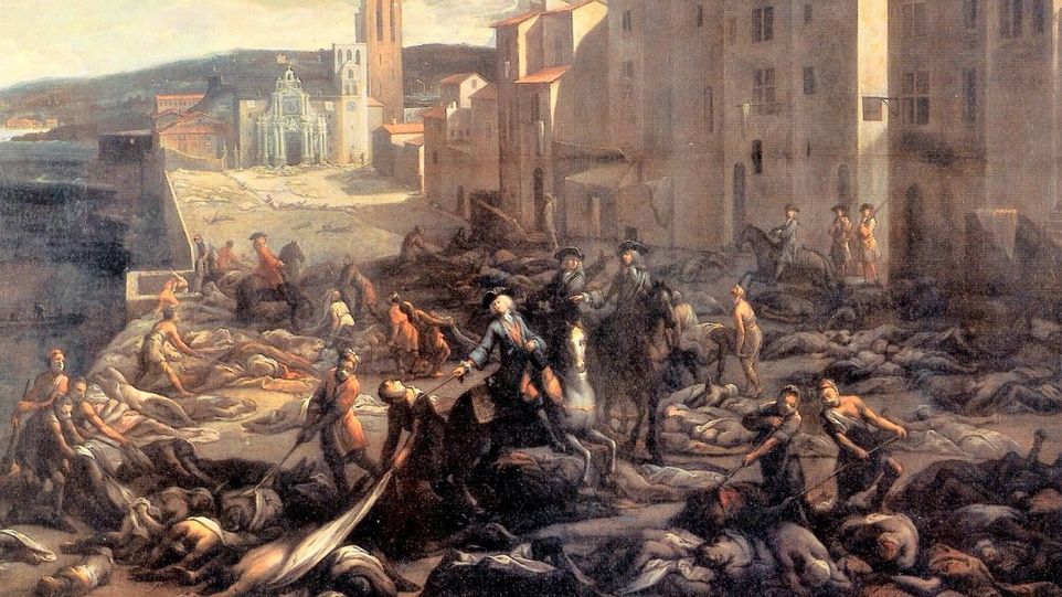 Gemälde mit Pesttoten vor Stadtmauer