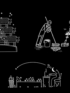 Auf einem schwarzen Hintergrund sind drei weiße Illustrationen des Illustrators Andreas Töpfer abgebildet. Die Bilder folgen im Verlaufe des Textes in größerer Ausführung inklusive detaillierterem Alternativtext. Die illustration oben links stellt gestapelte Schafe dar, in der illustration rechts daneben sind zwei stilisierte Personen zu erkennen, die gegen zwei lange Gegenstände lehnen. In der dritten Illustration unten Mittig ist eine stilisierte Person an einem Schreibtisch, ein Bett und ein Müllereimer dargestellt.