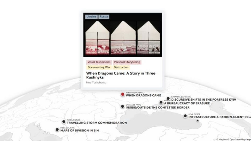 Screenshot des interaktiven Atlas mit hervorgehobenem Beitrag "When Dragons Came: A Story in Three Rushnyks"