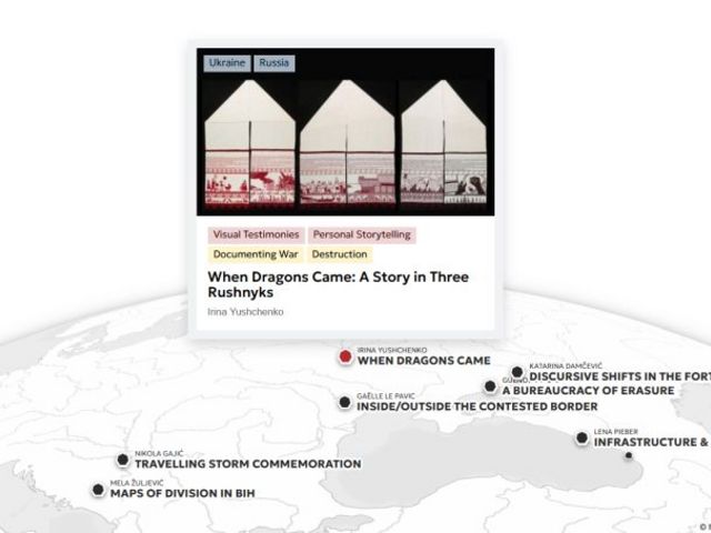 Screenshot des interaktiven Atlas mit hervorgehobenem Beitrag "When Dragons Came: A Story in Three Rushnyks"