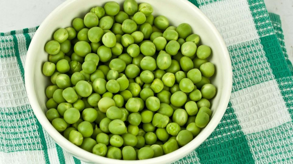 Aus Erbsen werden Hydrolysate gewonnen, die als Basis für pflanzenbasierte Lebensmittel dienen. Schale mit Erbsen