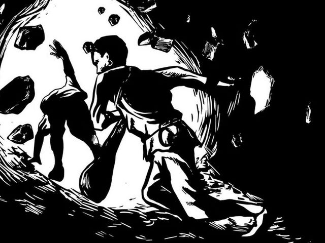 Illustration der Salzmänner, Flucht aus einstürzendem Bergwerk