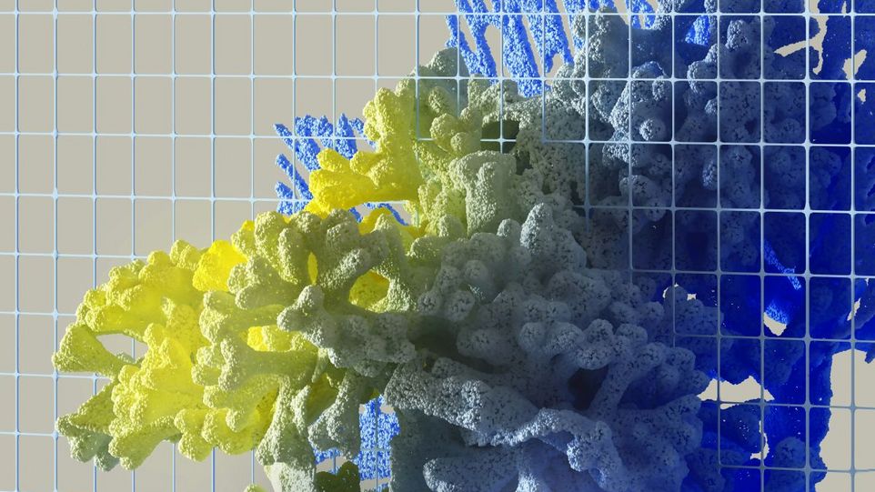 Abstrakte KI-erzeugte Darstellung blau-gelber Strukturen, die ein Gitter durchbrechen