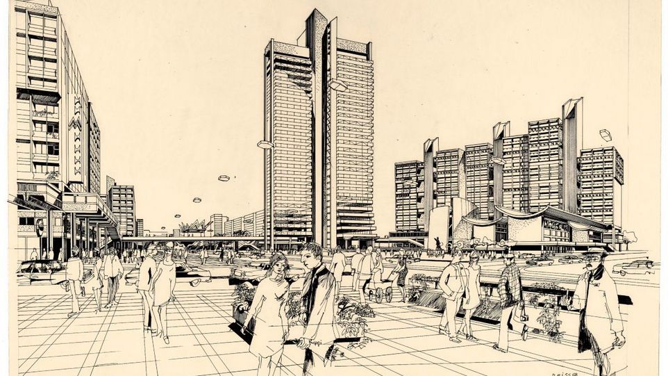 Visionen für ein besseres Land: Wettbewerbsentwurf für den Bayerischen Platz in Leipzig, Architektengruppe ZE4, 1968. Zeichnung eines Platzes, auf dem Menschen laufen, im Hintergrund hohe Häuser
