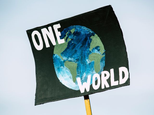 Plakat mit der Aufschrift "One World" und der Zeichnung einer Erde