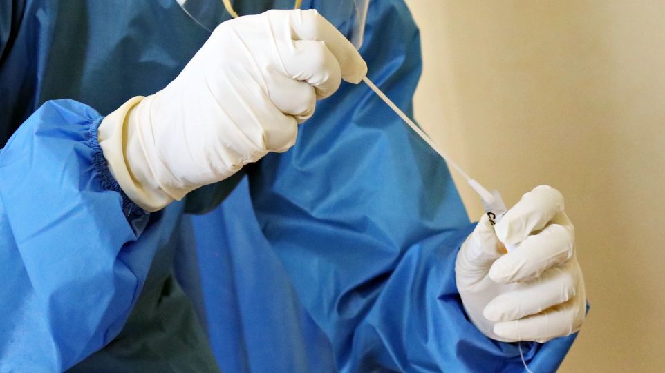 Person in Kittel und Handschuhen hält Wattestäbchen und Probenröhrchen 