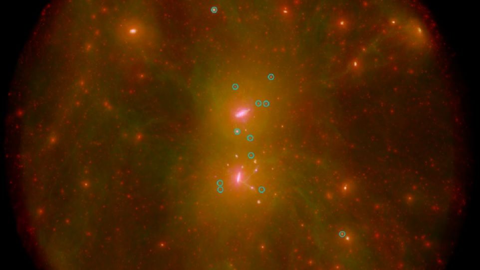 Ein Blick auf die Dunkle Materie (rot), das Gas (grün) und die Sterne (weiß) in einer der Simulationen der Lokalen Gruppe von HESTIA. Die simulierten Gegenstücke der Milchstraße und der Andromeda-Galaxie befinden sich in der Nähe der Bildmitte. Dunkle Materie, das Gas und die Sterne in einer der Simulationen der Lokalen Gruppe von HESTIA.