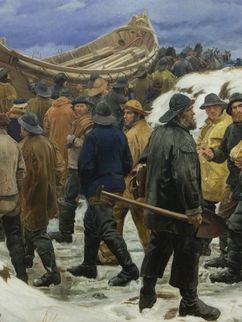 Das Gemälde "The Lifeboat is Taken through the Dunes" von Michael Peter Ancher.