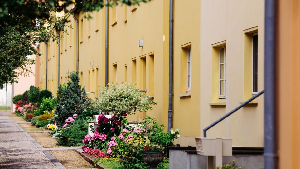 Reihenhäuser mit Blumenbeeten