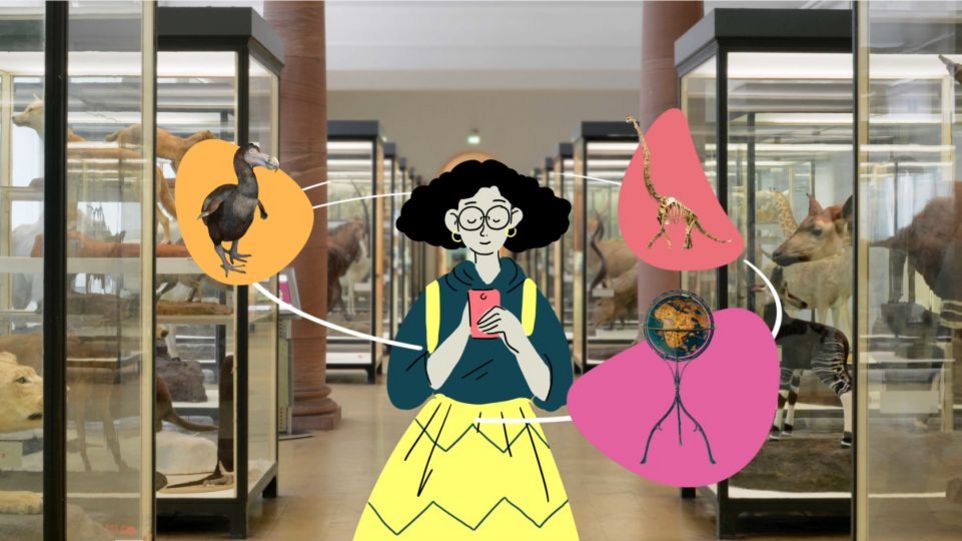 Museumsraum mit hineinmontierter Comicfigur mit Handy