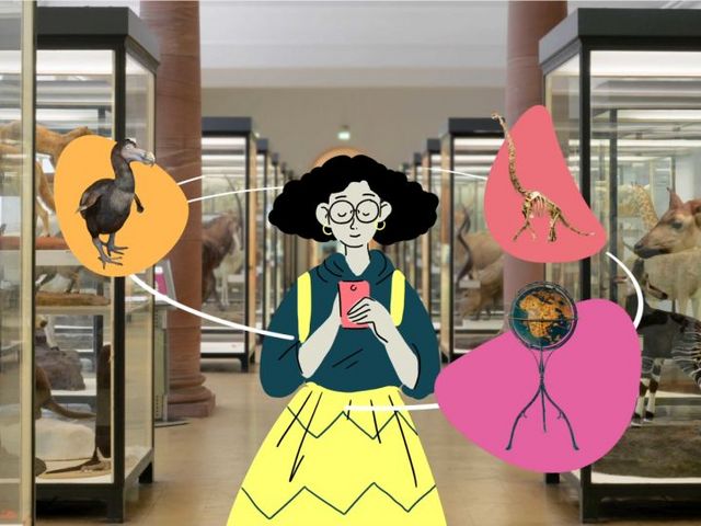 Museumsraum mit hineinmontierter Comicfigur mit Handy