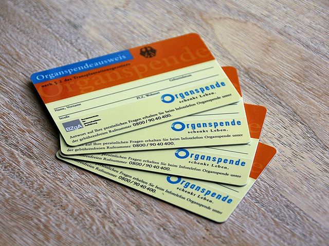Four organ donor cards placed on top of each other