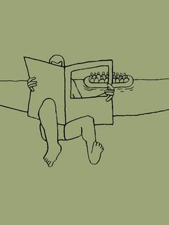 Illustration von einer Person, die Zeitung liest. Die Personen auf der Zeitungsseite sind zugleich Menschen auf einem Boot, das hinter der Zeitung lesenden Person liegt.